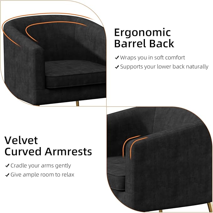 Velvet Barrel Chair Modern Accent Chair with Metal Sturdy Legs Club Chair Comfy Armchair Modern Tub Chair for for Living Room Bedroom Waiting Room Black