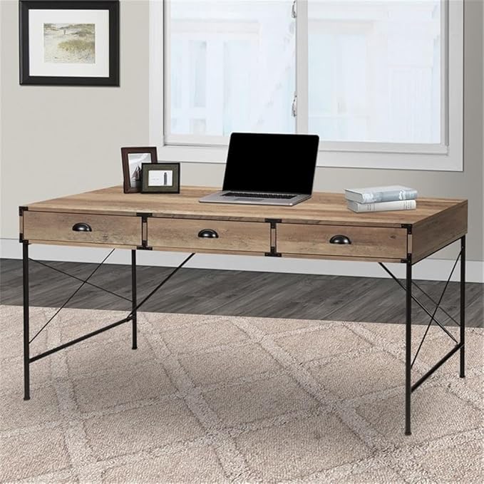 Pemberly Row 3-Drawer Engineered Wood Writing Desk Rustic Oak Finish 59 W x 29.5 D x 29.5 H Manufactured Wood and Metal Frame Modern Style Desk for Home Office Bedroom or Living Room Use