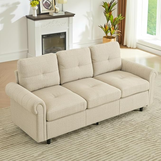 81.1 3-Seater Fabric Sofa Modern Living Room Couch with Rolled Arms and Stitch-Tufted Cushions Comfortable Upholstered Sofa for Home or Apartment (White 3 Seater)