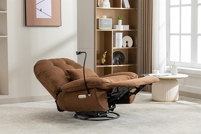 Linique Power Recliner Sofa Chair 270 Degree Swivel Leisure Single Sofa with Button Control Wireless Speaker USB Ports Hidden Arm Storage Phone Holder for Living Room Brown Fabric (Without LED)