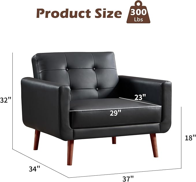 CANMOV 29 W Oversized Leather Accent Chair Armchair Button Back Mid Century Modern Accent Chairs for Living Room Modern Upholstered Bed Room Chair Cozy Armchair with Wood Legs Black