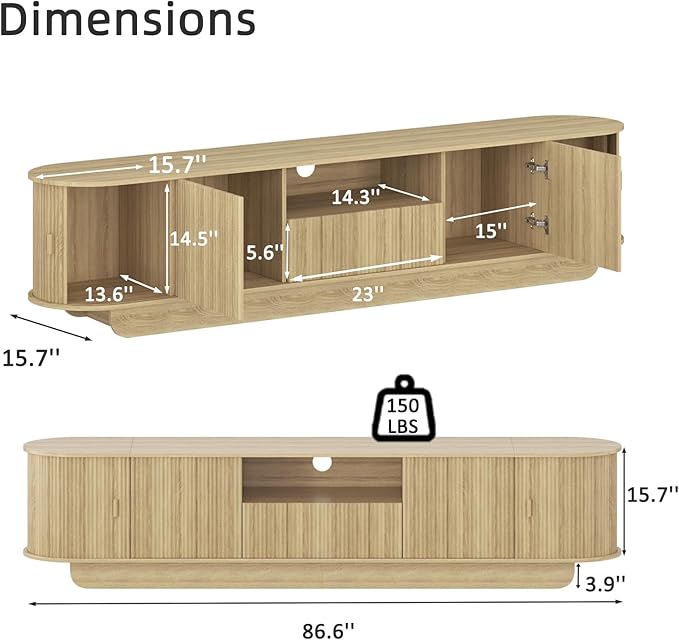 Fluted TV Stand and Coffee Table Set of 286.61'' TV Console for 55-85 InchModern Entertainment Center with Large Storage CabinetLift Top Coffee Table for Living Room Bedroom Natural