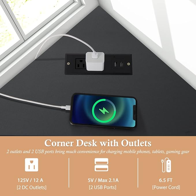GOFLAME Corner Desk with Power Outlet Triangle Computer Desk for Small Space Space-Saving Writing Desk with Storage Shelf and Charging Station Modern Laptop PC Desk for Home Office Black