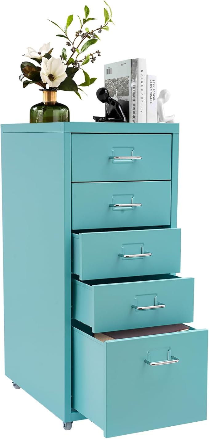 5 Drawer File Storage Cabinet 27 Inch Metal Freestanding Office File Cabinet Drawer Organizer with Wheels Mobile Vertical Storage Cabinet for Bedroom Living Room Office Study (Blue)