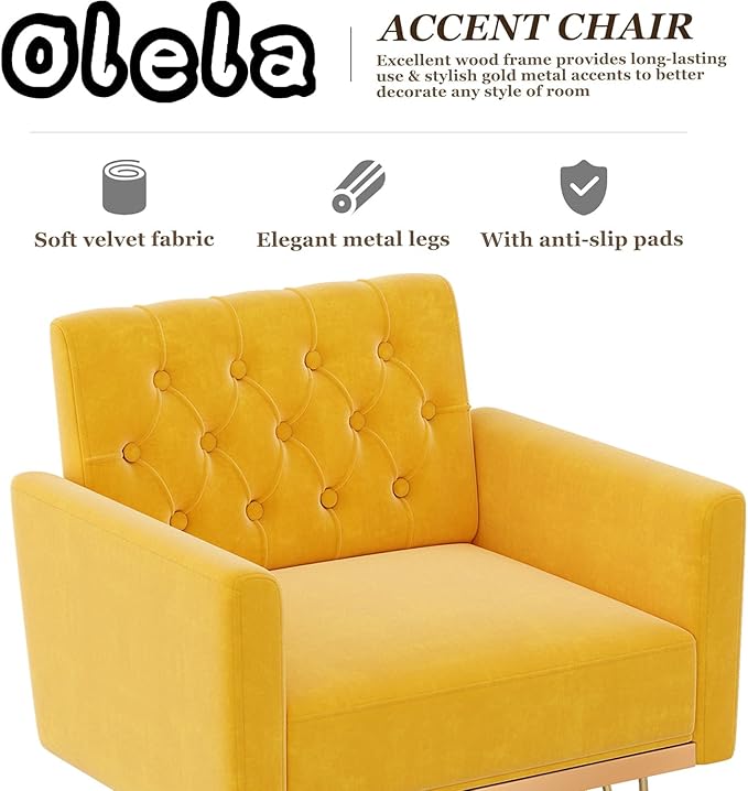 Olela Velvet Accent Chair with Arm for Living RoomModern Armchair Single Sofa Cozy Tufted Upholstered Reading Side Chairs with Gold Metal Leg for Bedroom Decorate(1 Mustard Yellow)