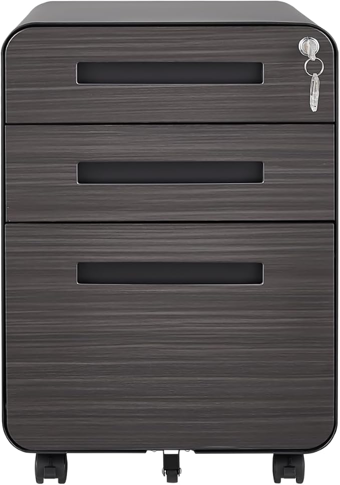 Office Pedestal File Cabinet: Lockable Compact Storage Solution for Home Office - Under Desk Cabinet with Removable Pencil Tray Hanging Bar and 5 Utility Wheels (Black+Brown)