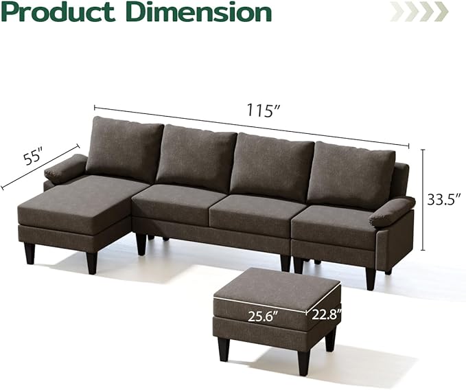 115 Inch Modular Sectional Sofa with Storage Ottoman Modern L-Shaped Sectional Couch with Chaise Chenille Couch for Living Room Apartment or Small Spaces Brown