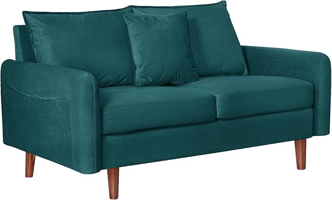 56.1 Round Arm Velvet Loveseat with Side Pockets and a Square Pillow (Dark Cyan) | Side Storage Pockets Pillow Included