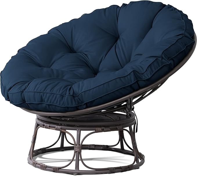 Joyside Papasan Chair with Cushion and Frame 46'' Wicker Papasan Lounge Chair Large Saucer Chair Brown Frame with Blue Cushion