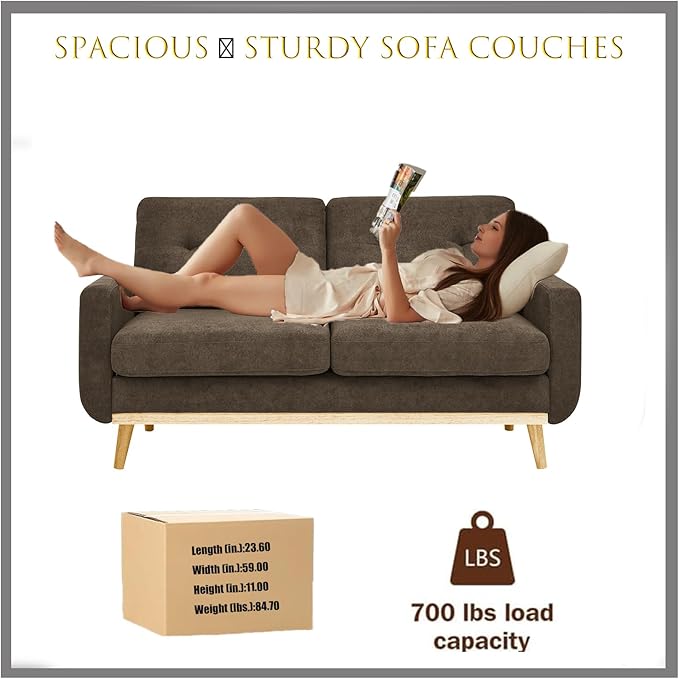 Brown 67 Loveseat Sofa Couches for Small Spaces Mid Century Love Seat Couches for Living Room Upholstered 2-Seater Small Couch for Bedroom ApartmentSolid Wood Legs Easy Assembly (Brown)