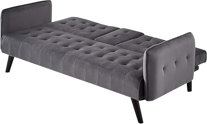 Container Furniture Direct 72 Velvet Convertible Sofa Bed with Cup Holders Tufted Folding Futon Sleeper Couch Mid-Century Modern 3 Seater for Small Spaces 72 L x 34.6 D x 31 H Grey