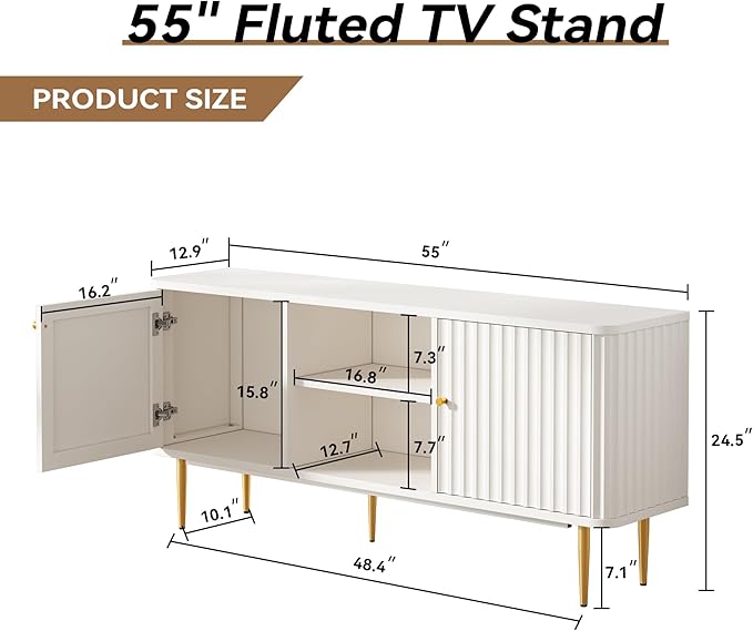ARTPOWER 55” Fluted TV Stand Mid Century Modern White TV Stand for 55/60/65 inch TV Entertainment Center with Storage Television Stands TV Console Media Console for Living Room Bedroom