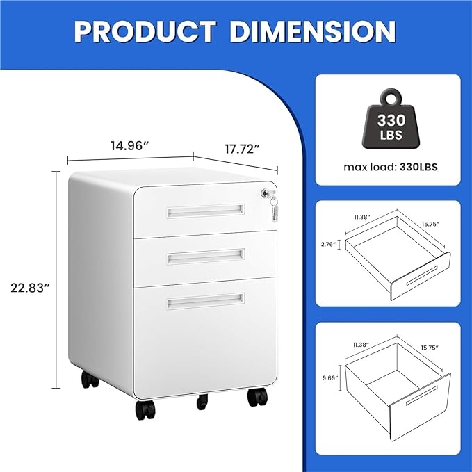 Mobile File Cabinets Mobile Filing Cabinet 3 Drawer White Small File with Lock Under Desk Cabinets for Home Office with Wheels A4