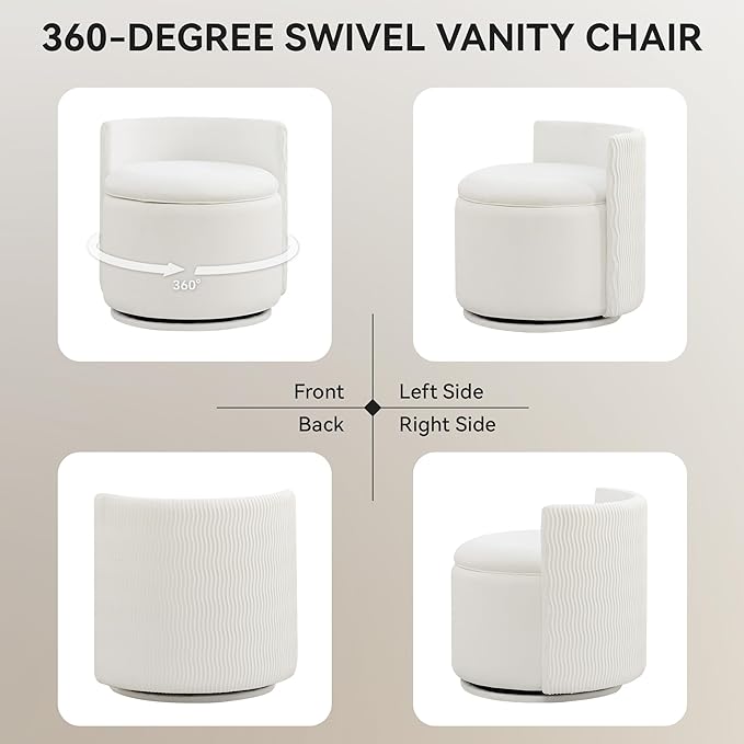 Large Velvet Vanity Chair with Storage 360° Swivel Makeup Chair with Wave Back No Assembly Small Accent Stool for Bedroom Dressing Living Room White