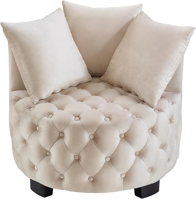 Velvet Accent Lounge Chair - 31.25''W Upholstered Button Tufted Velvet Barrel Chair with 3 Pillows with Button Tufted Modern Round Club Chair Reading Sofa Chair (Beige)
