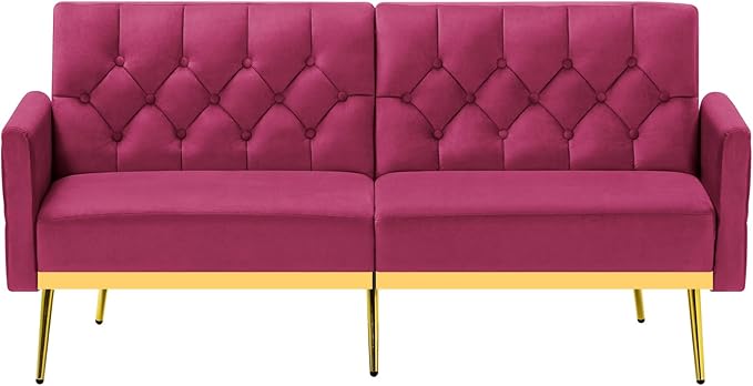Velvet Sofa Bed w/Adjustable Armrests and Backrests Modern Convertible Sleeper Sofa Tufted Futon Sofa for Bedroom Living Room Apartment Fuchsia