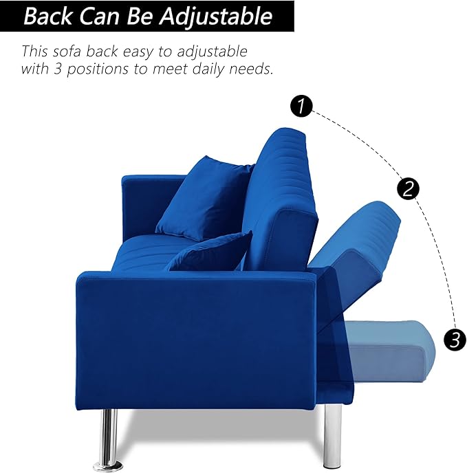 AWQM Sofa Bed Upholstered Convertible Folding Sofa Bed with 2 Pillows Sturdy Sleeper Couch with Wooden Frame and Metal Legs Comfortable Velvet Sofa Suitable for Living Room Bedroom Office (Blue)