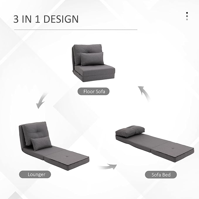 HOMCOM Convertible Flip Chair Floor Lazy Sofa Folding Upholstered Couch Bed with Adjustable Backrest Metal Frame and Pillows for Living Room Bedroom Dark Grey