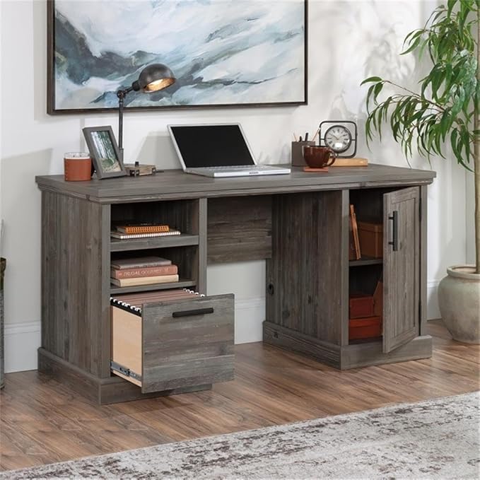 Pemberly Row Engineered Wood Computer Desk Pebble Pine/Brown Finish 59 in Wide Adjustable Shelf File Drawer Hidden Storage Cord Management Rustic Style Home Office Desk