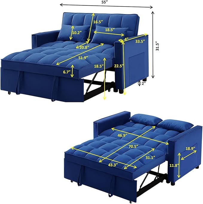Convertible Sleeper Sofa Bed Modern Chenille 3-in-1 Futon Couch Pullout Bed with Adjustable Backrest Storage Pockets and Toss Pillows Sofa Bed Couch for Living Room Bedroom Blue