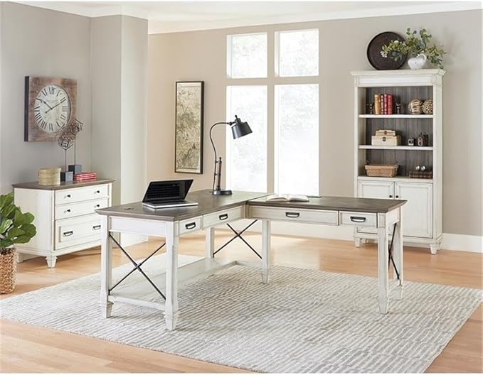 Martin Furniture Hartford Contemporary L-Shaped Wood Desk with 2 Utility Drawers Easy Assemble in Weathered White Finish