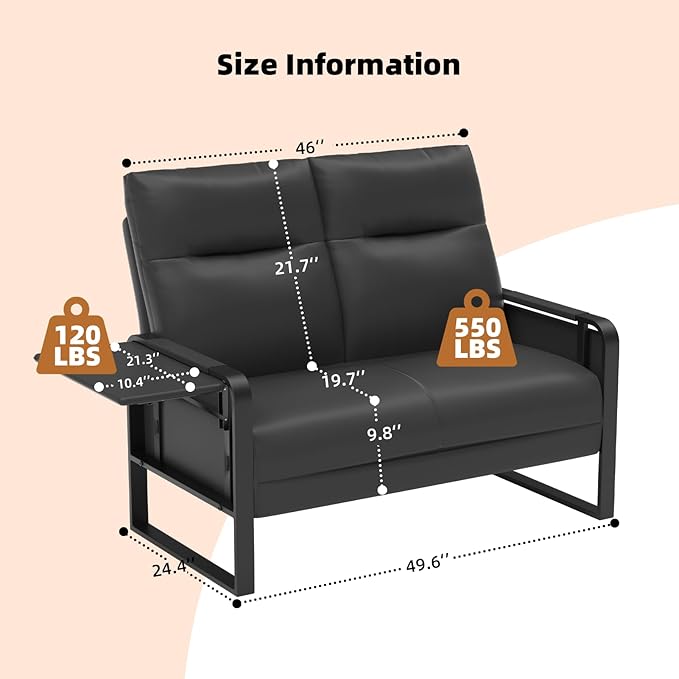 Small Loveseat Sofa with Side Table &amp Metal Legs Upholstered Faux Leather Loveseat for Small Spaces Couch for Living Room Reading Office Bedroom (Black)
