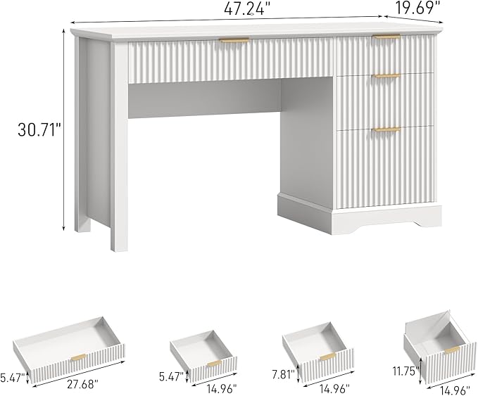 Vabches Fluted Executive Desk with Drawers Wood Computer Desk with Ample File Drawer Home Office Desk with Storage for Study Bedroom Living Room White