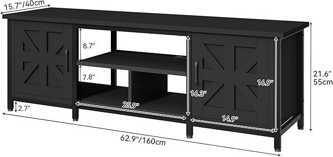 DWVO Farmhouse TV Stand with Power Outlet &amp LED Lights TV Consoles for TVs up to 70'' Entertainment Center with Storage Cabinets for Living Room Black