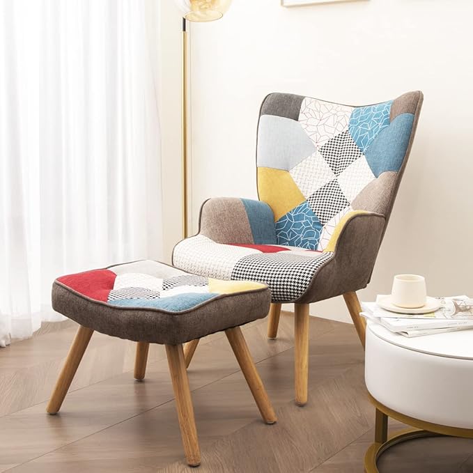 Accent Chair with Ottoman Living Room Chair and Ottoman Set Comfy Side Armchair for Bedroom Creative Splicing Cloth