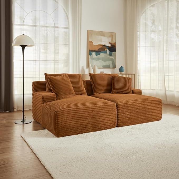 79 Double Chaise Lounge Chair Indoor: Oversized Comfy Corduroy Upholstered Boneless Couch with 4 Pillows for Living Room Bedroom and Apartment Deep Seat Sleeper Sofa 2-Seat Brown