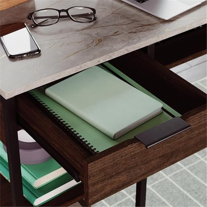 Pemberly Row L-Shaped Engineered Wood Desk Deco Stone Gray Finish 65.98 W x 60 D x 29.72 H Powder Coated Metal Frame Cord Management 2 Drawers Fixed Shelf Cubby Storage Home Office Desk