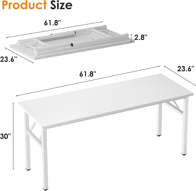 sogesfurniture Modern Foldable Computer Desk 62 inches No Assembly Sturdy Large Laptop Workstation for Home Office Portable Folding Study Table Writing Gaming Desk for Small Spaces White