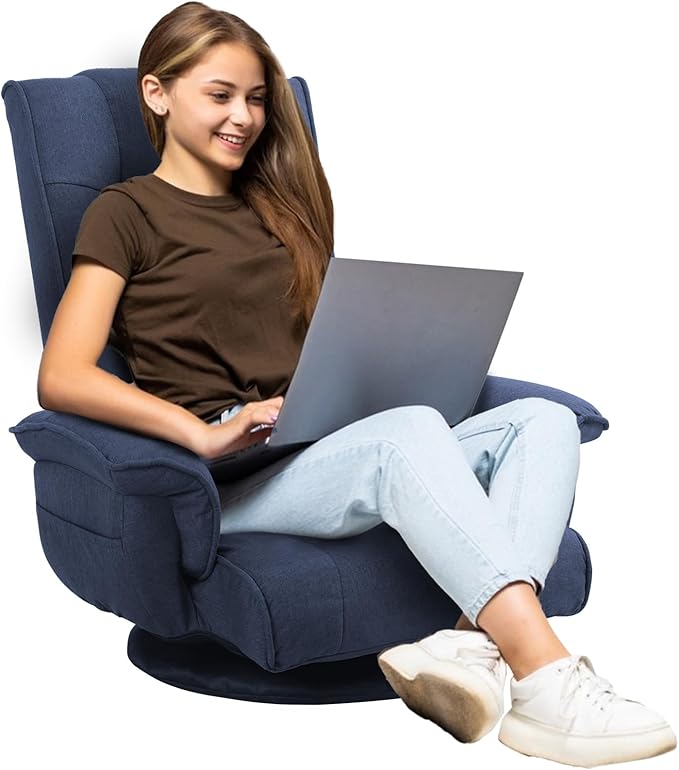 FLOGUOR 360 Degree Swivle Adjustable Floor Chair Chaise Lounge Indoor Folding Lazy Sofa with Armrests and Side Pocket Adults Gaming Chairs for Living Room Bedroom Factory Price 201 (BL)