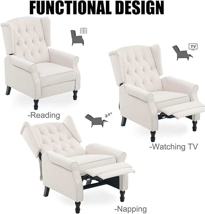 Velvet Accent Chair Push Back Recliner Chair Wingback Arm Chair for Living Room/Bedroom/Home Theater/Reception Area Light Beige