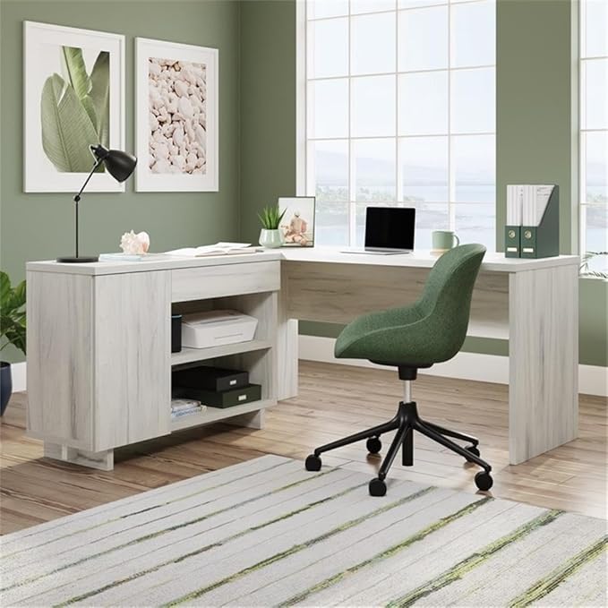 Pemberly Row Engineered Wood Desk with Credenza 30 H x 60 W x 65.98 D Haze Acacia/Natural Finish Adjustable Storage Shelves Drawer Cord Management L-Shaped Home Office Desk