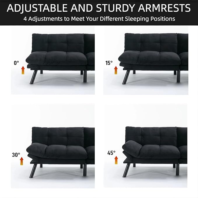 71-inch Microfiber Upholstered Futon Sofa Bed - 2 Seats Adjustable Arms/Back Iron Legs | Convertible to Sleeper for Main Living Spaces Bedrooms Offices (Black+2Seat)