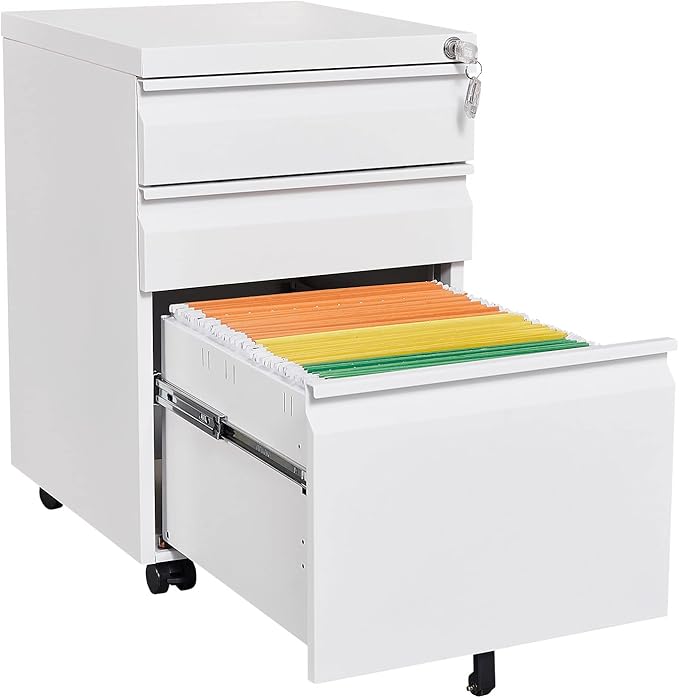3 Drawer White File Cabinet with Lock Under Desk Storage Filing Cabinets with Wheels Small Rolling Metal Office Cabinet for Home Office Legal Letter and A4 Files