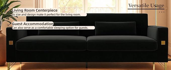 KEIKI 86 Oversized Luxury Velvet Sofa with Armrest and Removable Plush Cushions Minimalist Gold Accents 3-Seater Couch with Solid Legs Easy Assembly for Living Room Bedroom Apartment Black