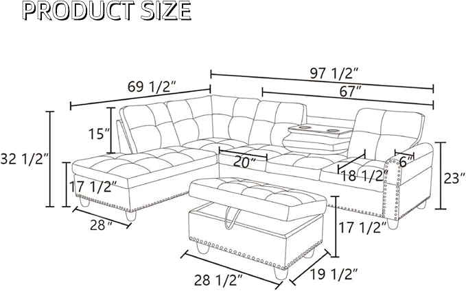 L Shaped Couches for Living Room Sectional Couch Living Room Furniture with Storage Ottoman Modular Sectional Sofa with Movable Chaise for Apartment Office Brown Grey