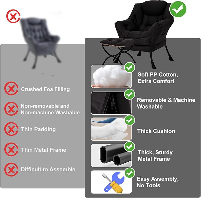 Lazy Chair with Ottoman Modern Accent Chair with Armrests and a Side Pocket Black Accent Chairs Reading Chairs Oversized Armchairs for Bedroom Study Living Room Courtyard