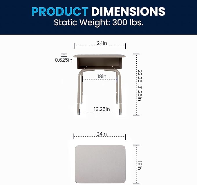 Flash Furniture Billie Student Desk - Gray Granite Open Front School Desk - Silver Metal Frame - 24W x 18D Adjustable Height Durable for School or Remote Learning