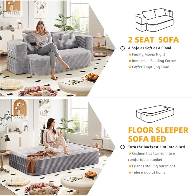 78.7 Folding Futon Corduroy Sleeper Sofa Bed Convertible Floor Boneless Sofa Full Size Compression Loveseat with 2 Pillows No Assembly 2-in-1 Foldable Couch for Living Room (Light Gray)