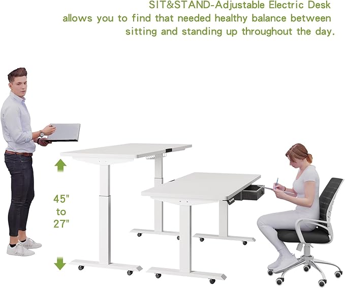 Radlove Dual Motors Height Adjustable 55 x 30'' Electric Standing Desk with Drawer Stand Up Table 4 Memory Keys Computer Desk with Splice Board Home Office Desk White Top + White Frame