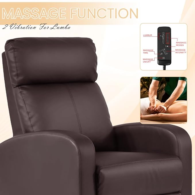 Recliner Chair Breathable Padded PU Leather Massage Single Sofa Recliners for Small Recliner Chair with Footrest Home Theater Seating for Bedroom Living RoomBrown