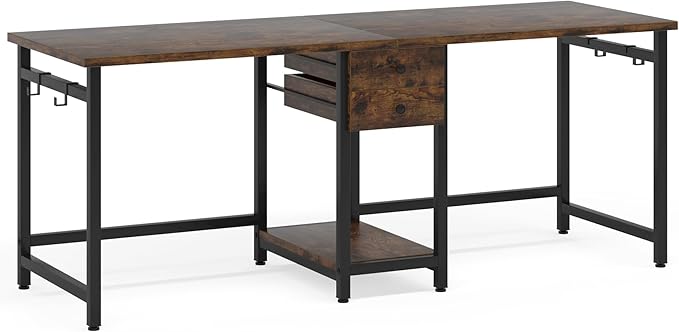 79 Inch Brown Two Person Desk with Drawers Extra Long Desk with Storage Shelves Double Home Office Desk with Hooks 2 Person Writing Study Table Workstation for Home Office