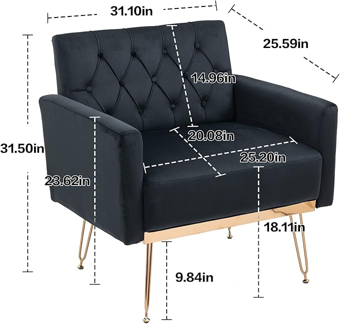 Velvet Accent Chair Upholstered Living Room Accent Armchair Leisure Single Chairs with Rose Golden feet Tufted Sofa Chairs for Home Office Living Room Bedroom Small Space (Black)