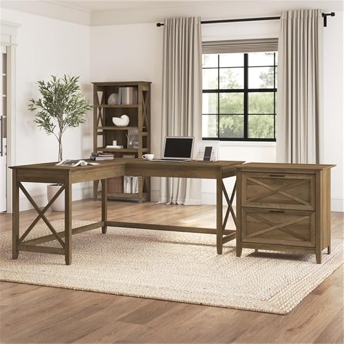 Bush Furniture L Shaped Desk with Lateral File Cabinet | Key West Collection Corner Computer Table with Storage for Home Office with Filing Unit | 60Wx60Dx30H