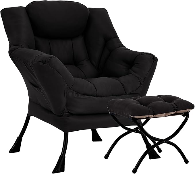 Lazy Chair with Ottoman Large Black Accent Chair with Ottoman Comfy Reading Armchair Leisure Sofa Chair for Living Room Bedroom Dorm Room Office