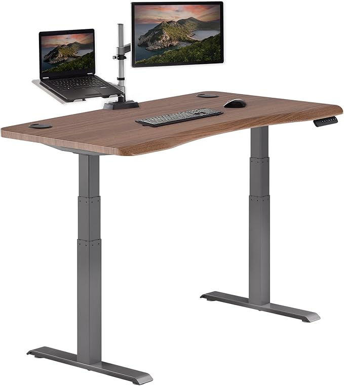 Vari Ergo 54x26 Electric Standing Desk – Height Adjustable Sit Stand VariDesk + Curved Waterfall Edge 4 Memory Settings Quick Assembly Cable Management 200 lb Capacity – Walnut (2 Boxes)