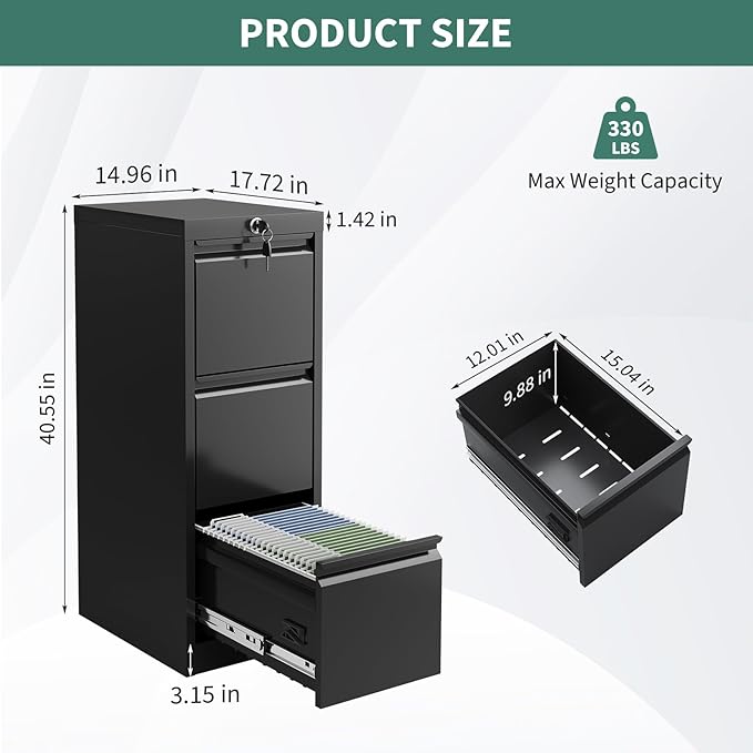 3-Drawer Lateral File Cabinet with Lock Heavy Duty Metal Filing Cabinet for Letter/Legal/A4/F4 Documents Space-Saving Vertical Office Storage Organizer for Home Office Easy Assembly Black